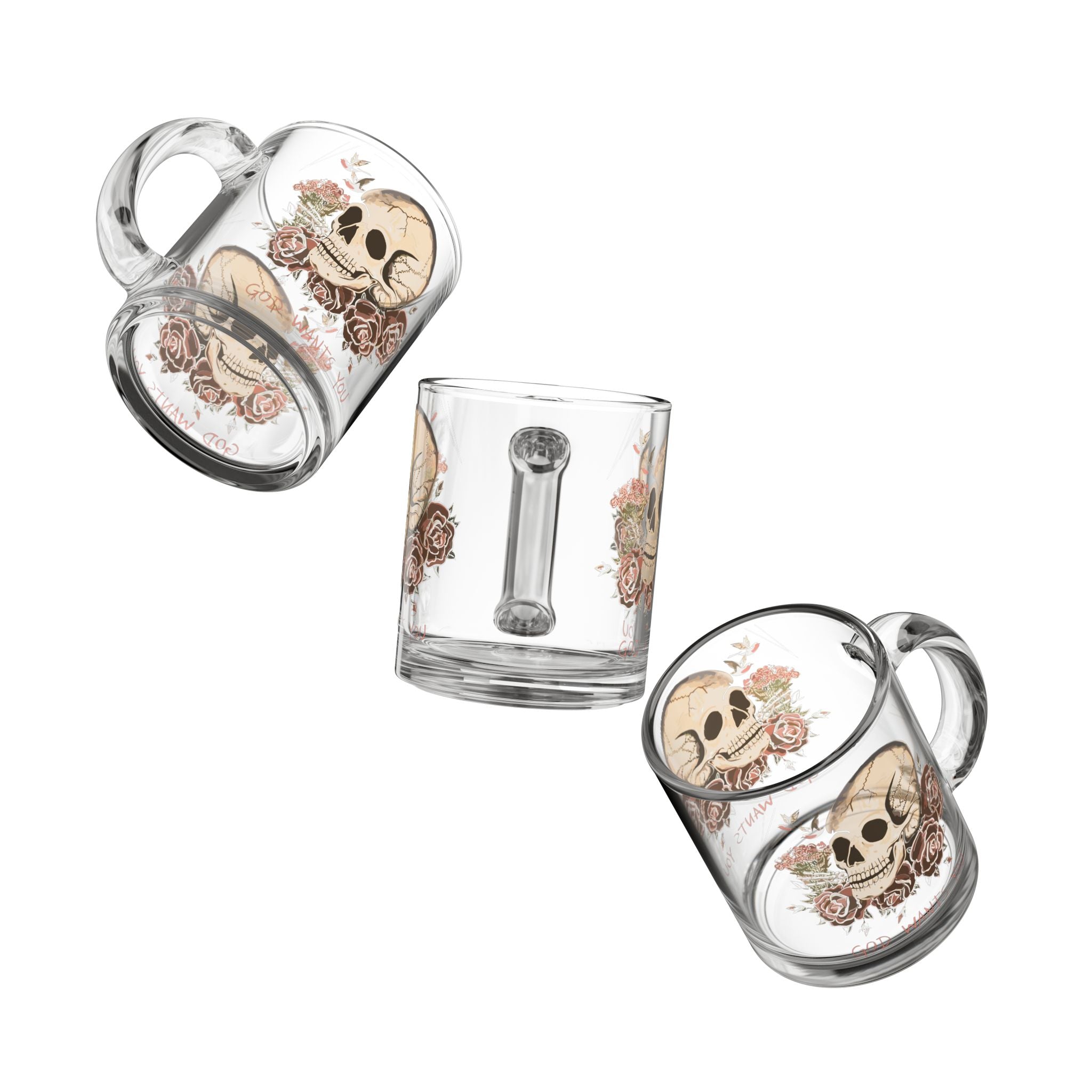God wants you Skull Floral Glass Mug, 10oz