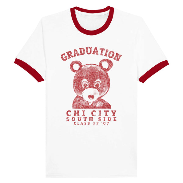 Graduation Chi City bear ringer tee, flat lay in White and Red with red ink