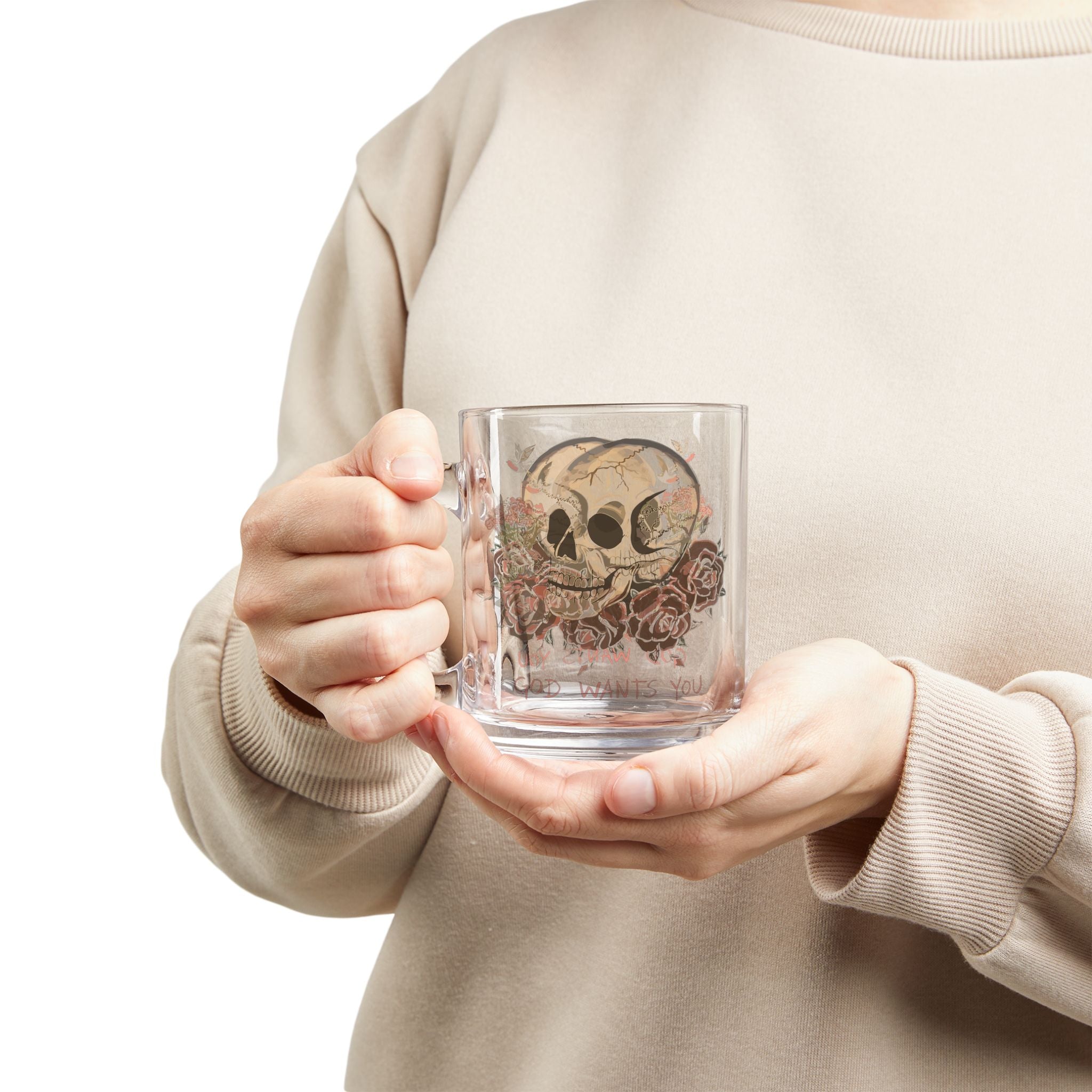 God wants you Skull Floral Glass Mug, 10oz