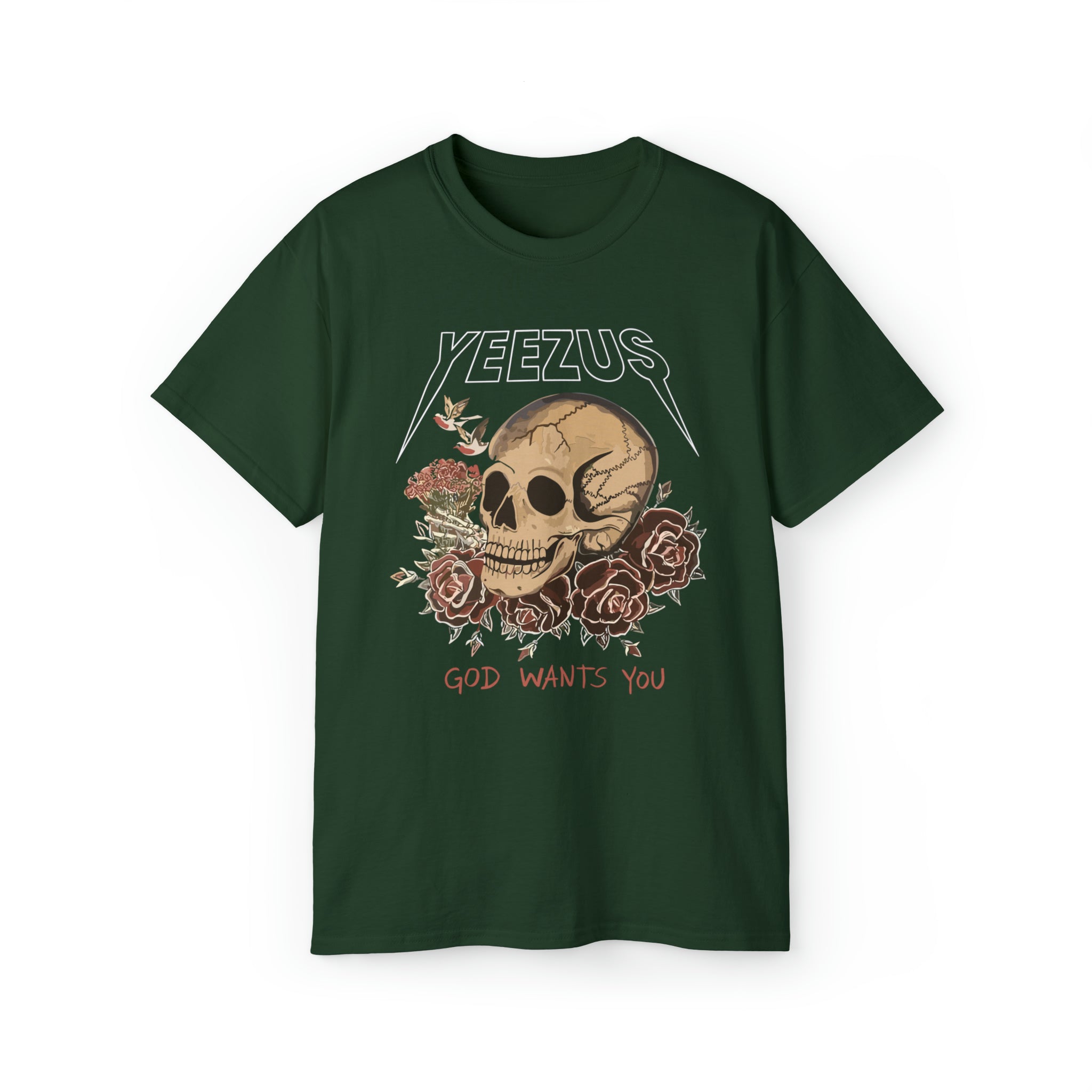 Kanye West Yeezus Tee God Wants You Skull & Birds-Forest Green-S-Bootlg