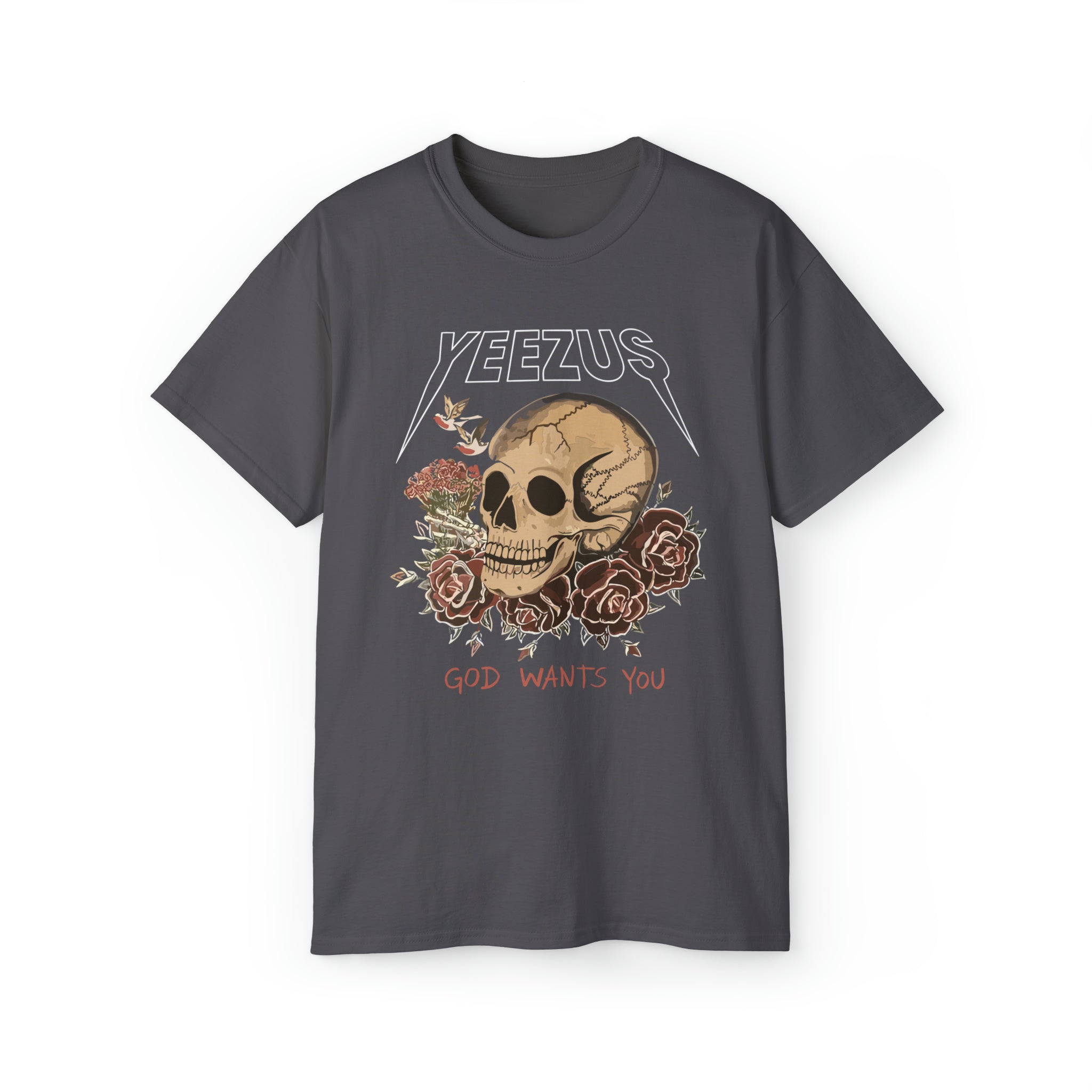 Kanye West Yeezus Tee God Wants You Skull & Birds-Charcoal-S-Bootlg