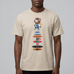 Graduation Bear Discography Tee, Gildan 5000, printed front worn by a dark-skinned model, original regular cut sized up, Gelato model photo with corrected artwork