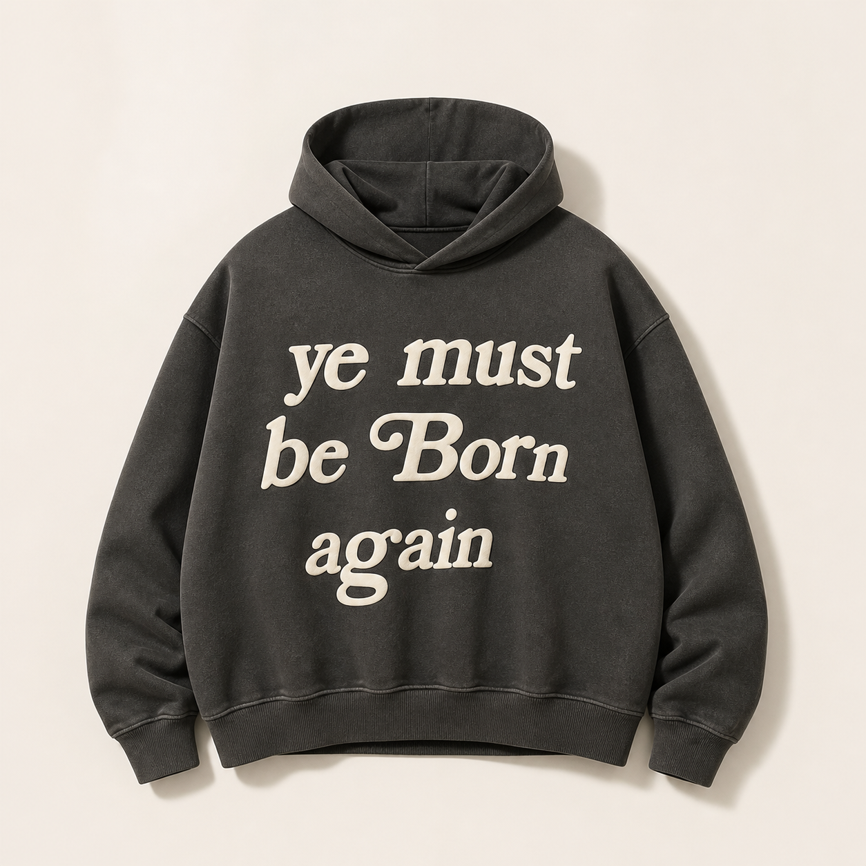 Ye Must Be Born Again charcoal oversized hoodie, front view