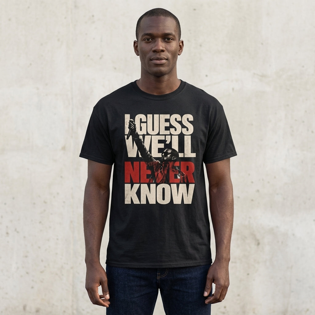 Never Know Kanye West Tee, Gildan 5000, printed front worn by a dark-skinned model, original regular cut sized up, Gelato Magic Mockups