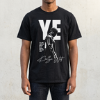 YE Portrait Kanye West Tee, Gildan 5000, printed front worn by a dark-skinned model, original regular cut sized up, Gelato model photo with corrected artwork