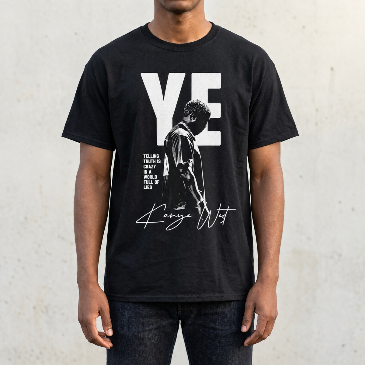 YE Portrait Kanye West Tee, Gildan 5000, printed front worn by a dark-skinned model, original regular cut sized up, Gelato model photo with corrected artwork