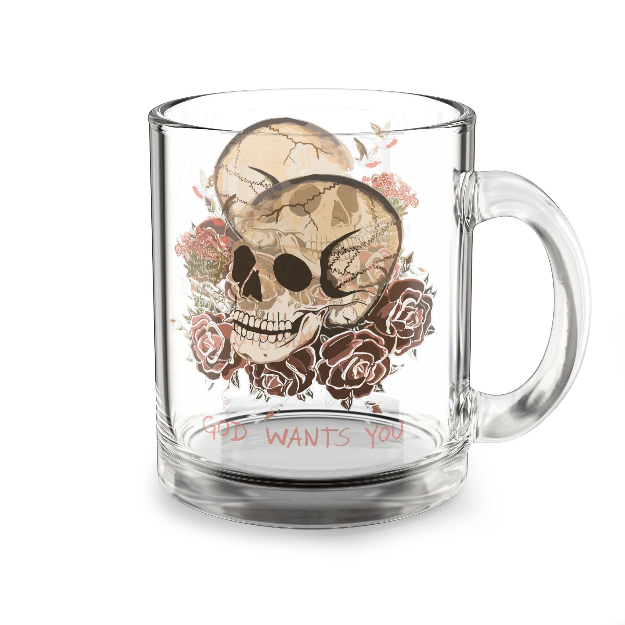 God wants you Skull Floral Glass Mug, 10oz