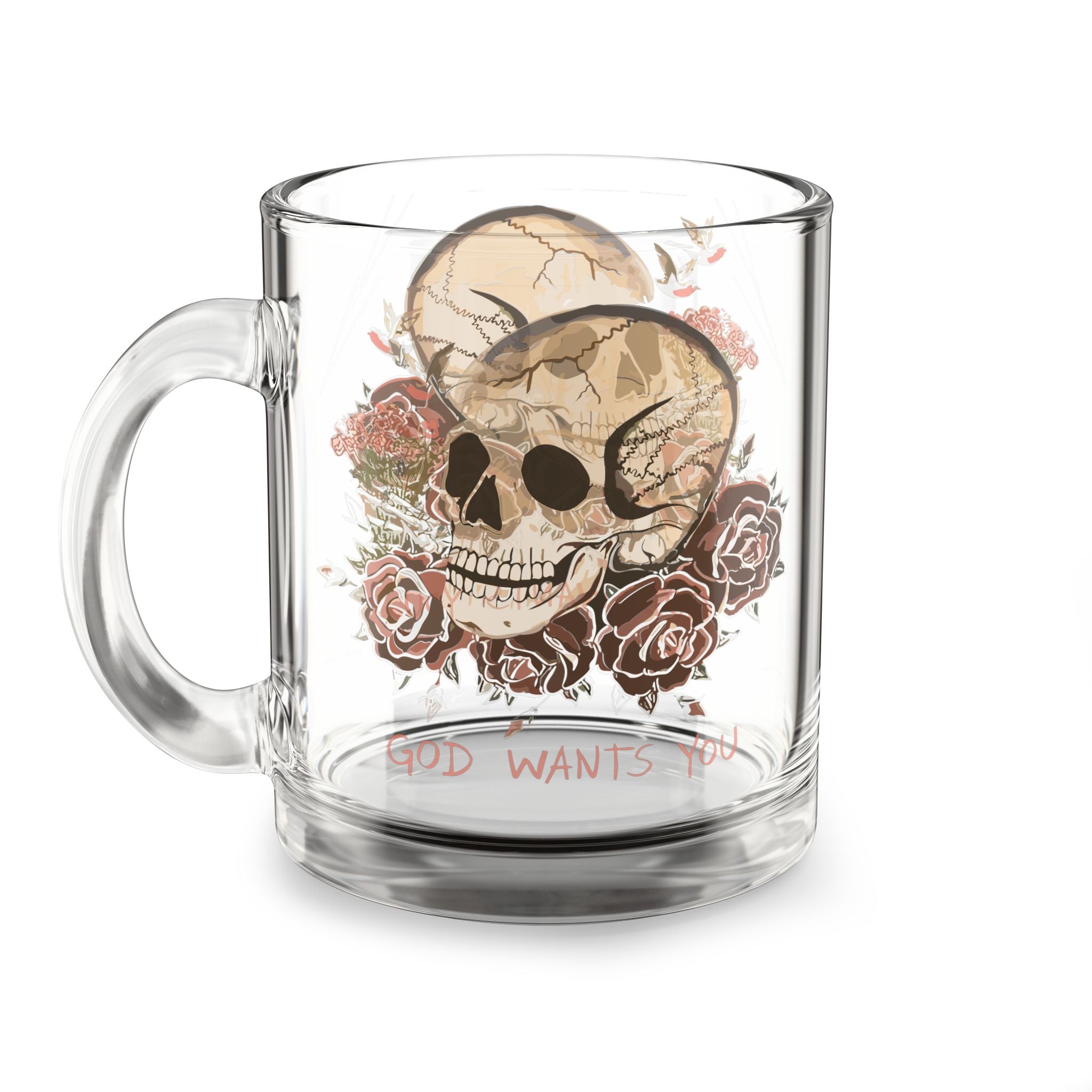God wants you Skull Floral Glass Mug, 10oz