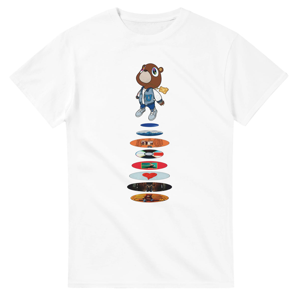 Graduation Bear Discography Tee, White Gildan 5000 T-shirt, front graphic print, flat product view