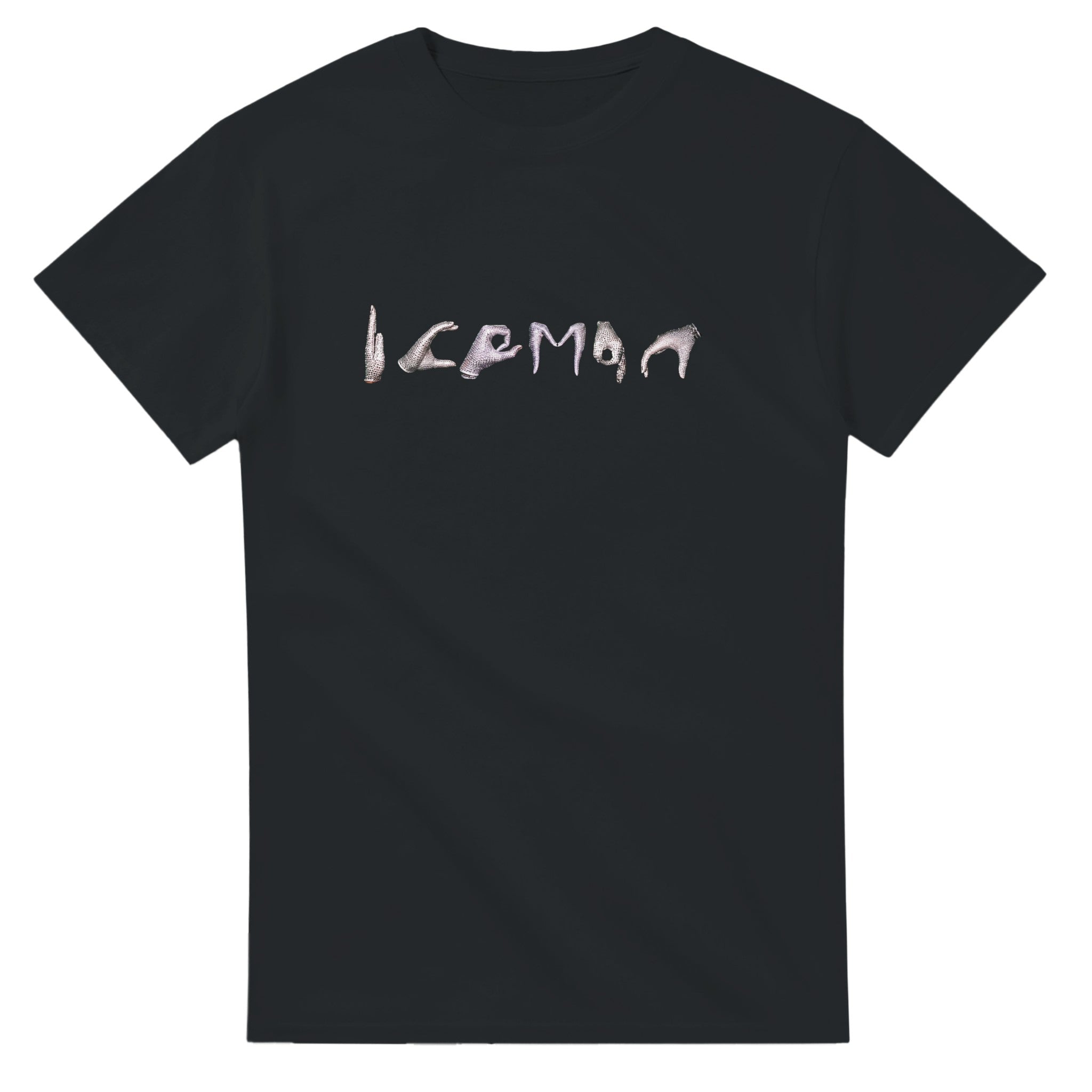 Iceman crystal hands rhinestone glove graphic tee, black flat lay