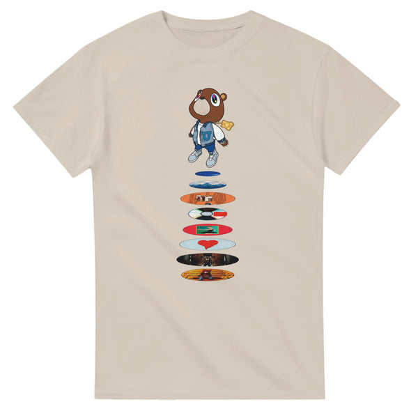 Graduation Bear Discography Tee, Sand Gildan 5000 T-shirt, front graphic print, flat product view