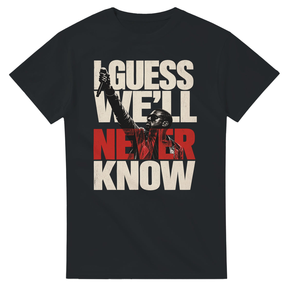 Never Know Kanye West Tee, Black Gildan 5000 T-shirt, front graphic print, flat product view