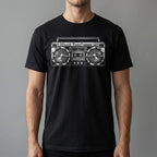 Midnight Boombox Tee - Black cotton t-shirt - worn by man front, AI studio