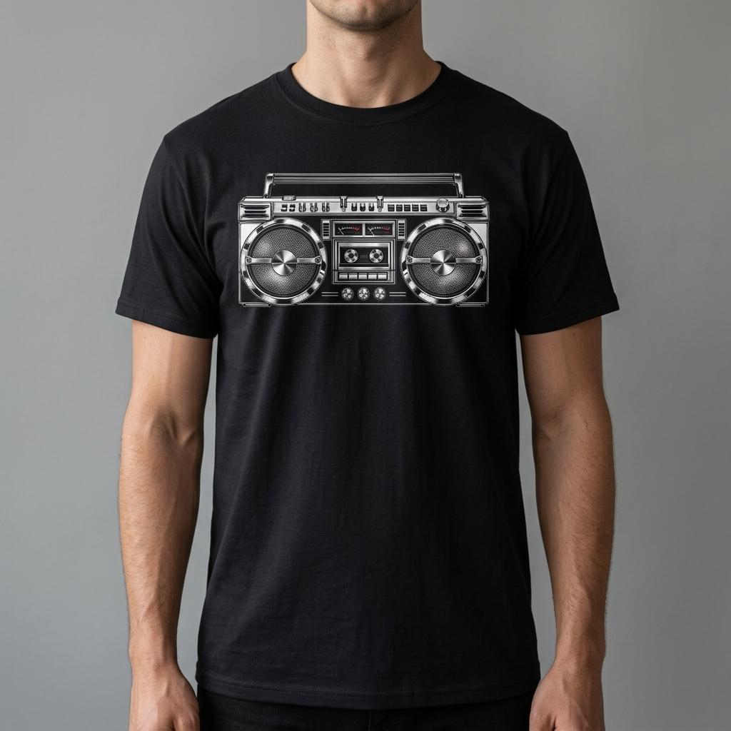 Midnight Boombox Tee - Black cotton t-shirt - worn by man front, AI studio