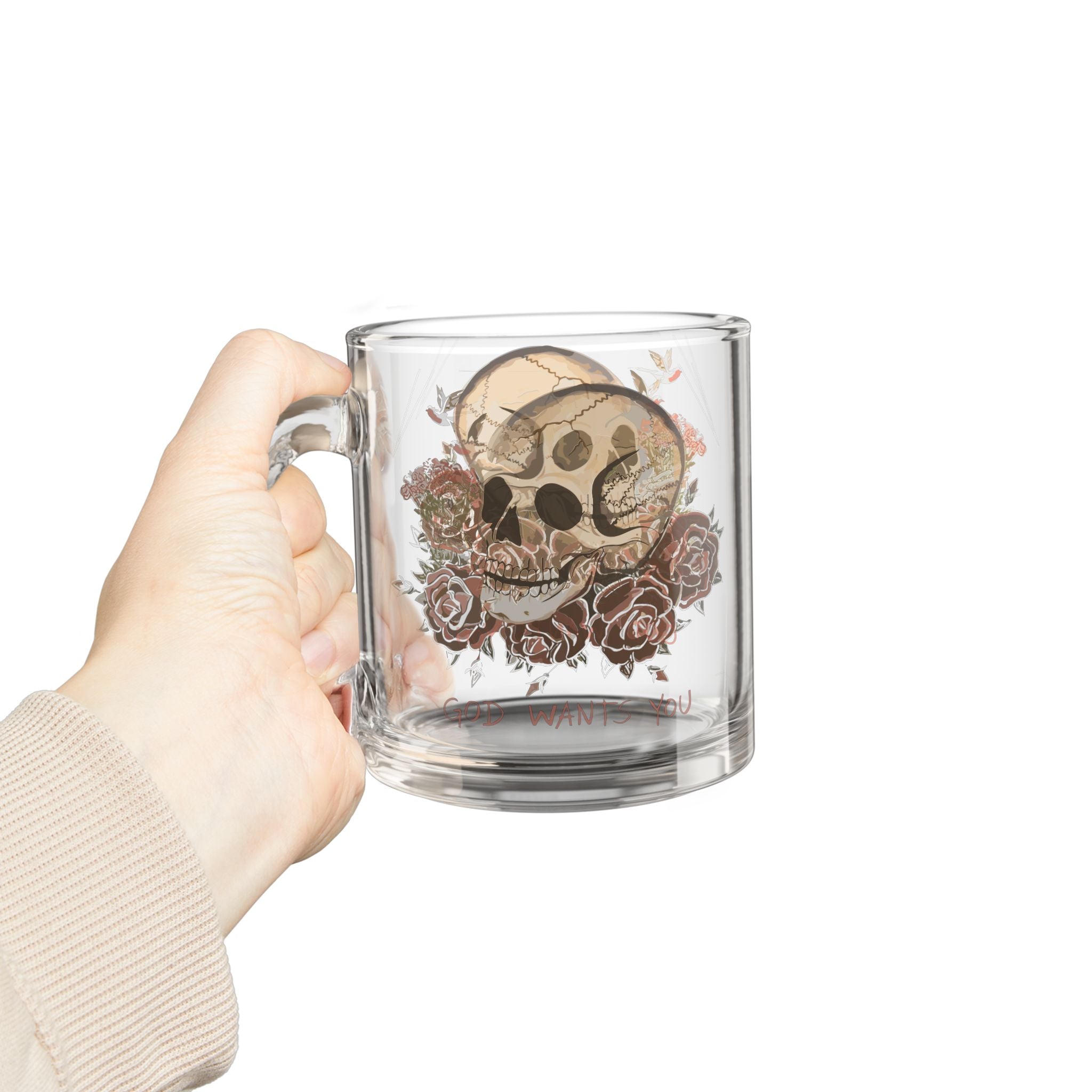 God wants you Skull Floral Glass Mug, 10oz