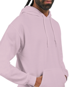 Light Pink Donda inspired hoodie worn by a model, fabric and fit detail