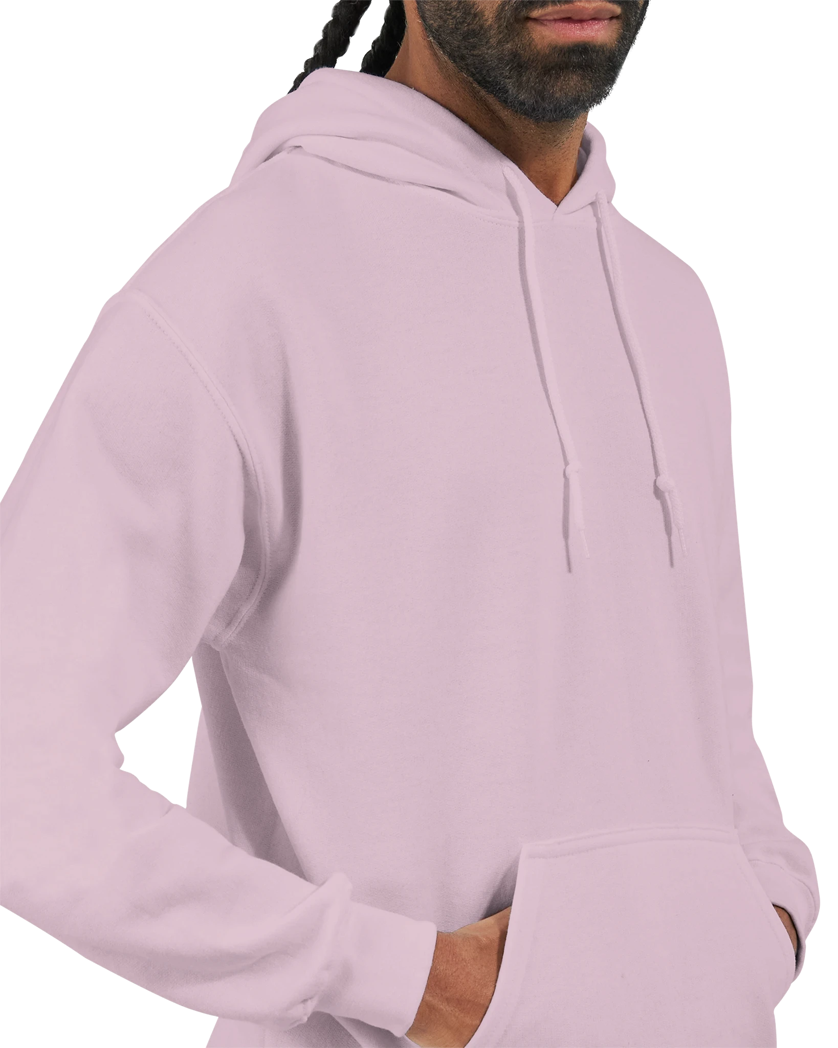 Light Pink Donda inspired hoodie worn by a model, fabric and fit detail