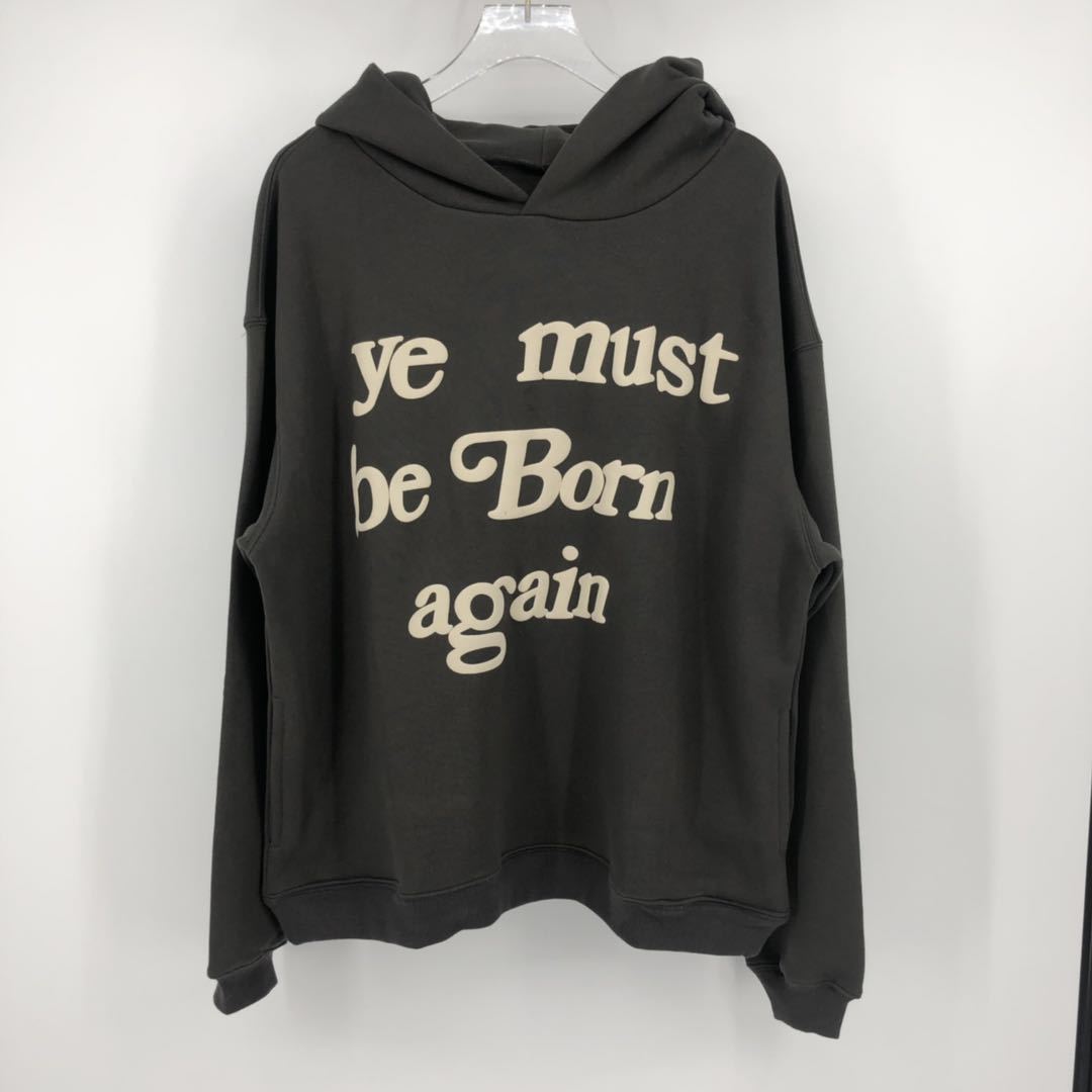 Ye Must Be Born Again charcoal oversized hoodie, full front view