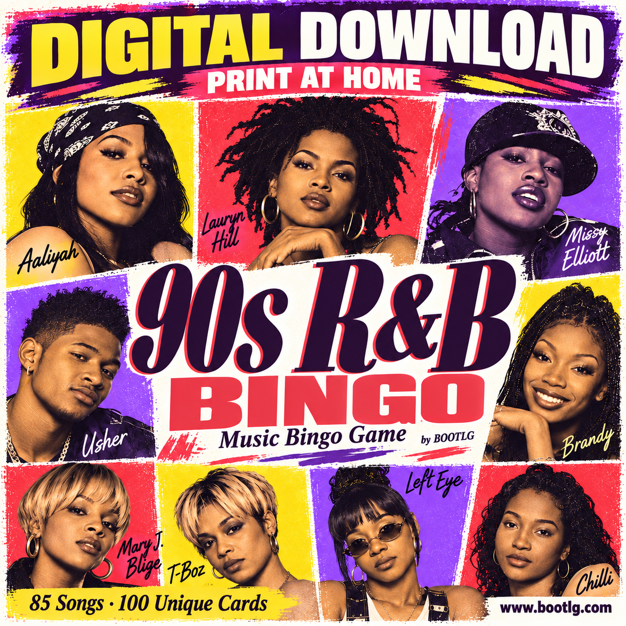 90s R&B Bingo digital download: print at home, 100 unique cards and 85 songs by BOOTLG
