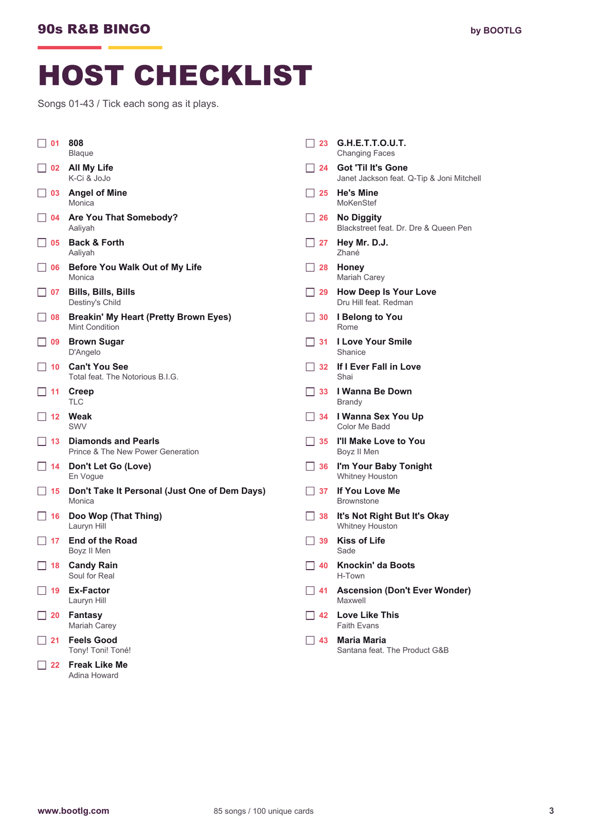 90s R&B Music Bingo - 100 Printable Cards, 85 Songs-Bootlg