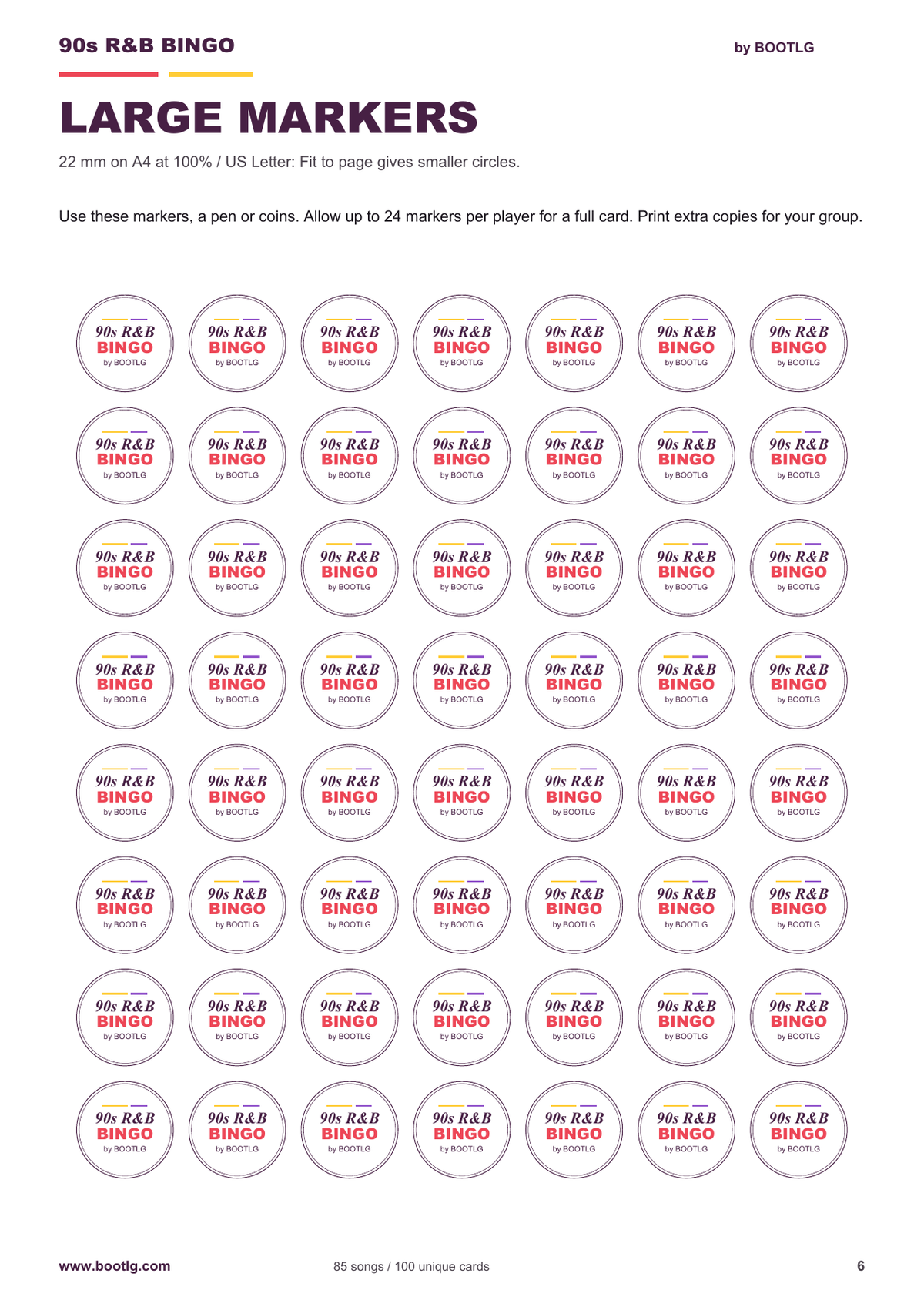 90s R&B Music Bingo - 100 Printable Cards, 85 Songs-Bootlg