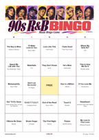 Sample numbered Bingo card, spacious grid with song titles and artists