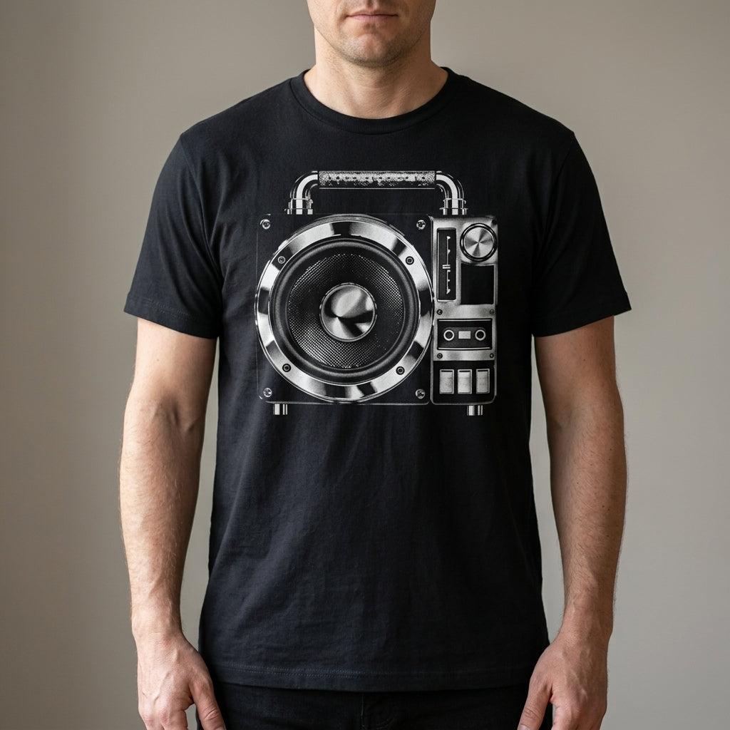Ghettoblaster t-shirt in black, worn by a man, front view of the single-speaker chrome radio graphic.