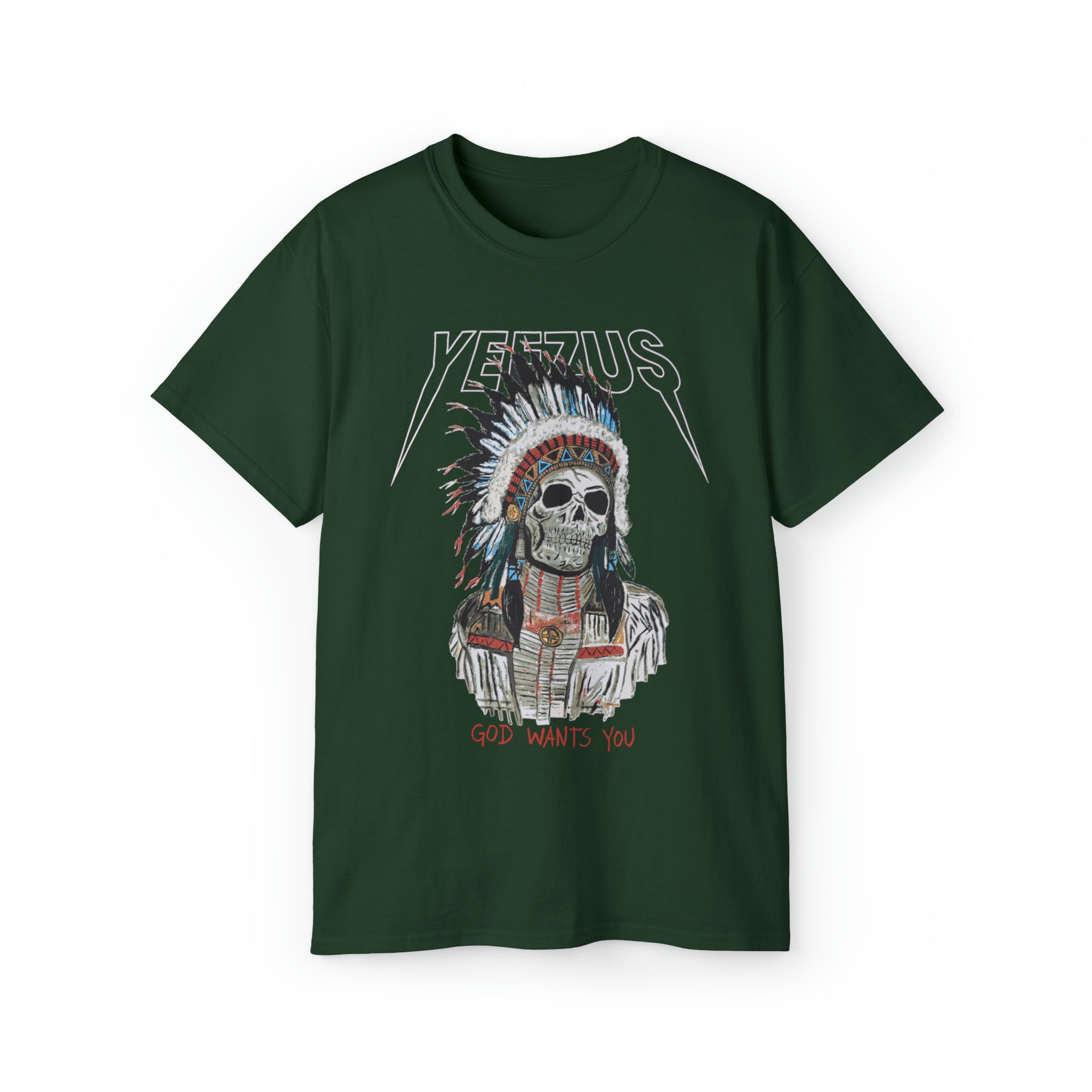 Kanye West Yeezus 2022 Tour Tee Skull Indian-Forest Green-S-Bootlg