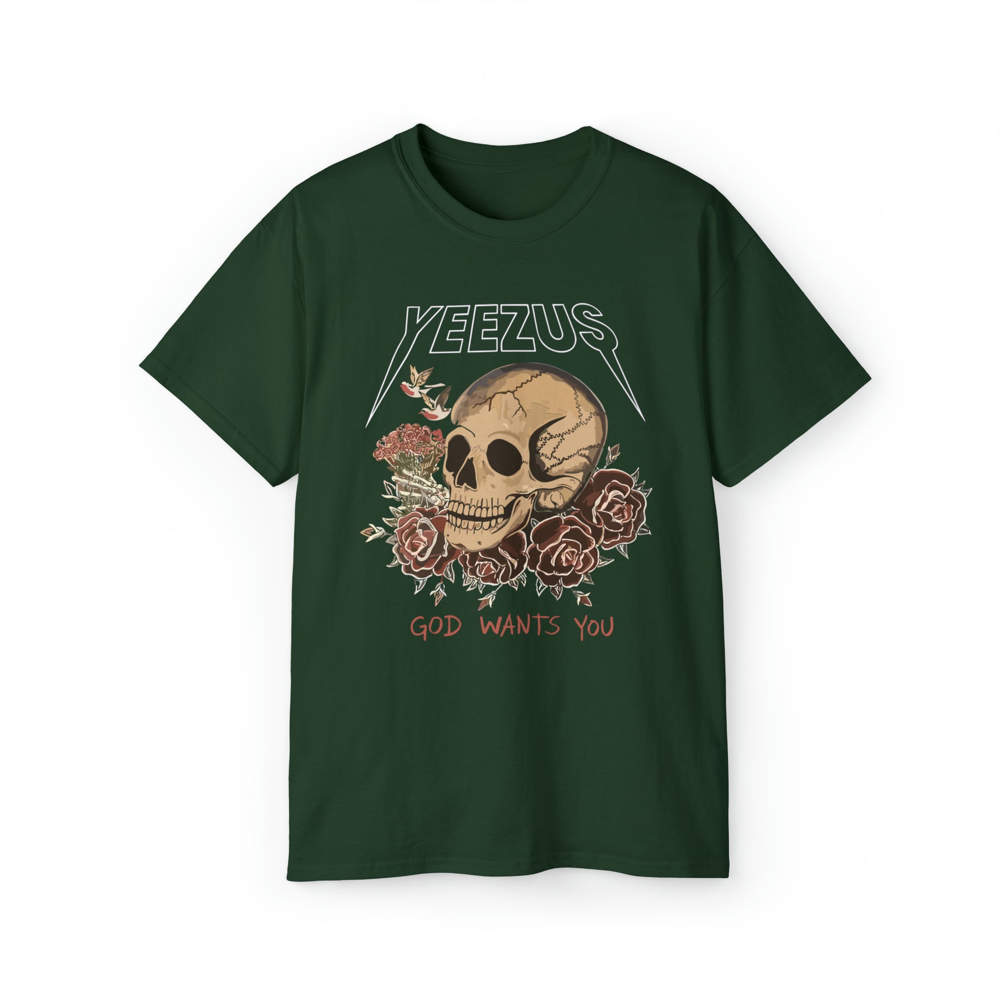 Kanye West Yeezus Tee God Wants You Skull & Birds-Forest Green-S-Bootlg