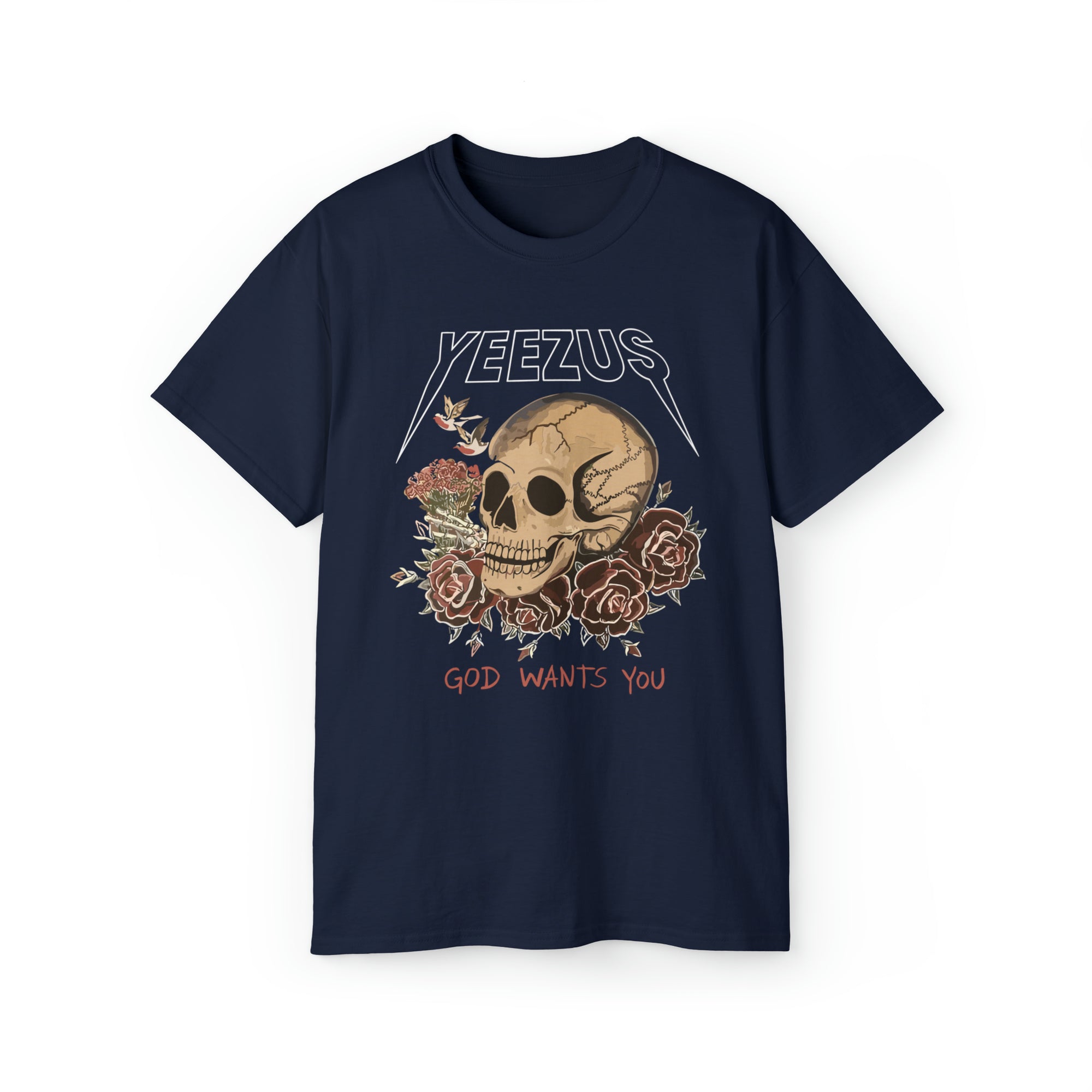 Kanye West Yeezus Tee God Wants You Skull & Birds-Navy-S-Bootlg