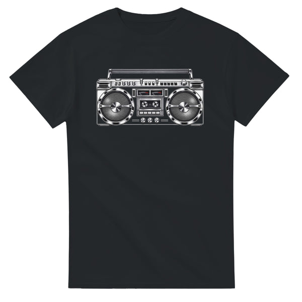Midnight Boombox Tee - Black cotton t-shirt - front flat