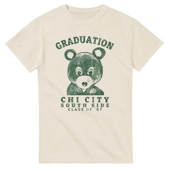 Graduation Chi City bear tee, flat lay in Natural with forest green ink
