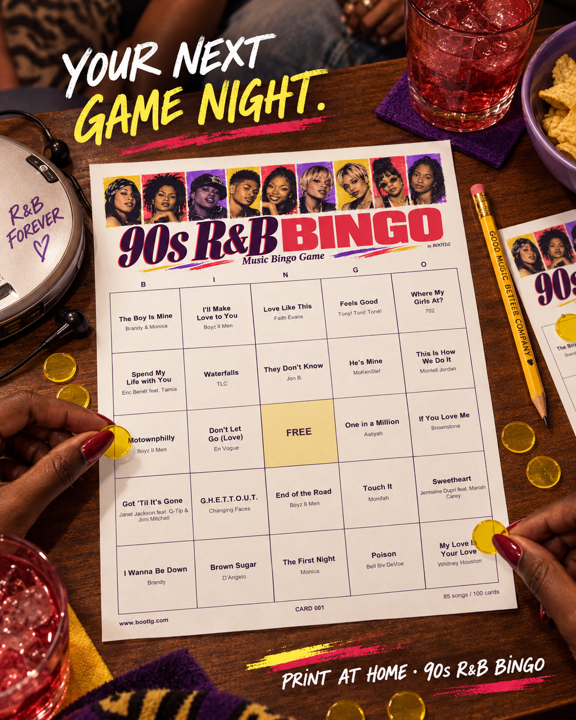 90s R&B Music Bingo - 100 Printable Cards, 85 Songs-Bootlg