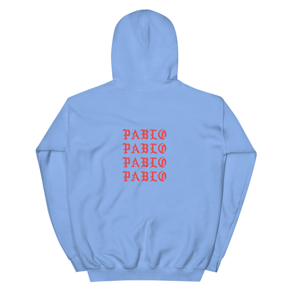 Paris I Feel Like Pablo hoodie back view in Carolina Blue, corrected placement