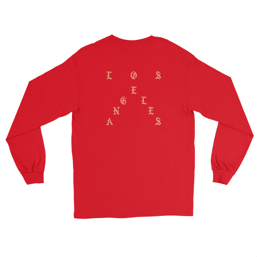 Pablo Los Angeles long sleeve back view in Red, corrected placement