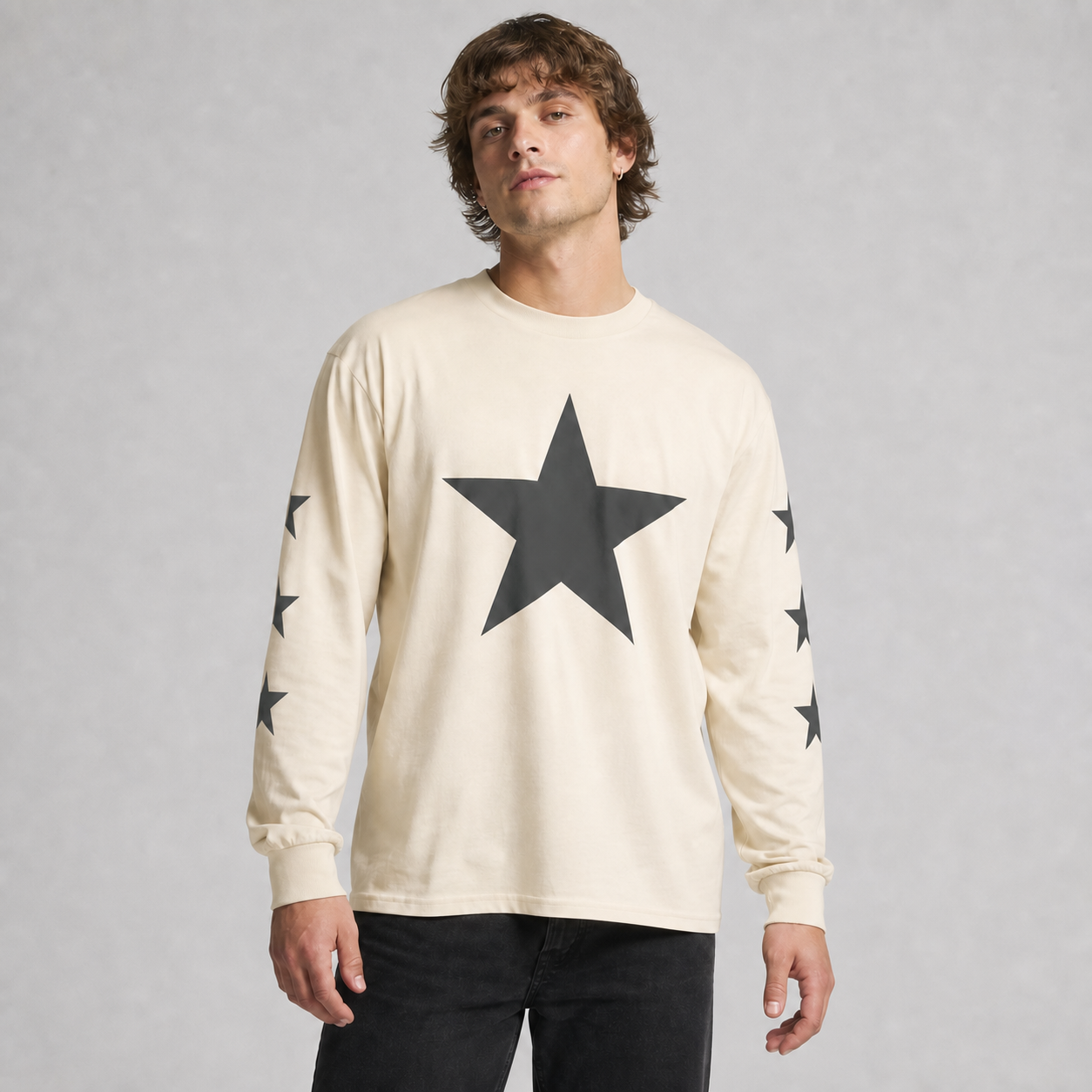 Ye Live at SoFi Ecru long sleeve worn by male model, front editorial view