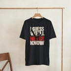 Never Know Kanye West Tee, Black Gildan 5000 T-shirt, front graphic print displayed on a wooden hanger