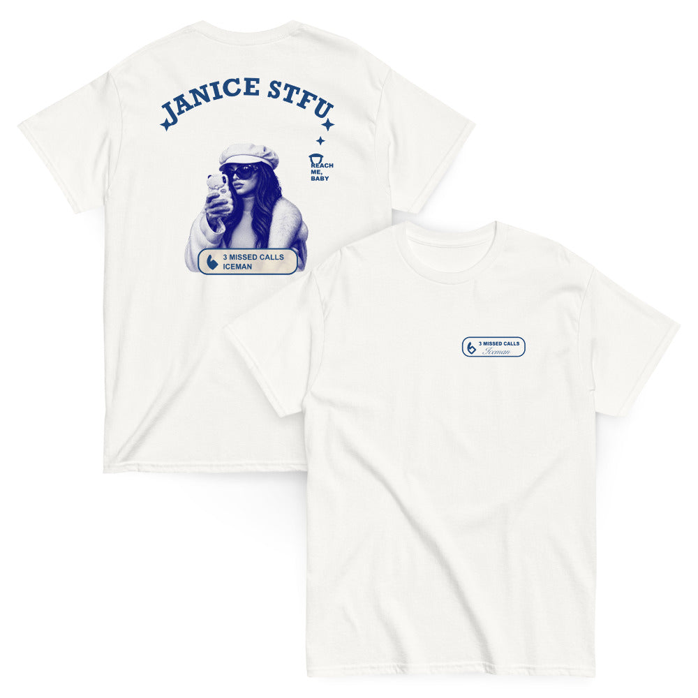 Janice STFU Drake T-shirt in White, left chest front and full back views