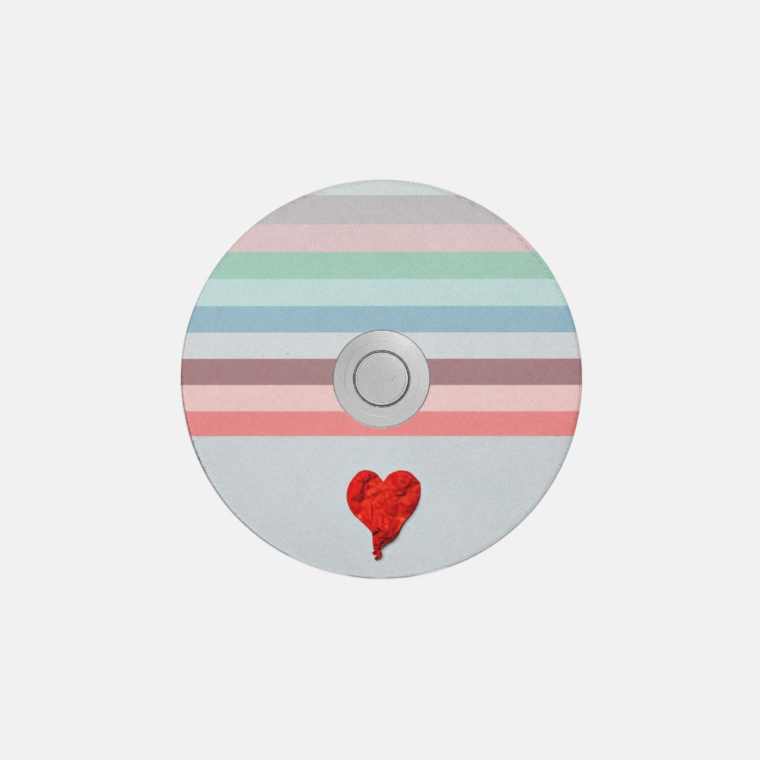 808s and Heartbreak coaster with pastel stripes, red heart and a printed solid CD center.