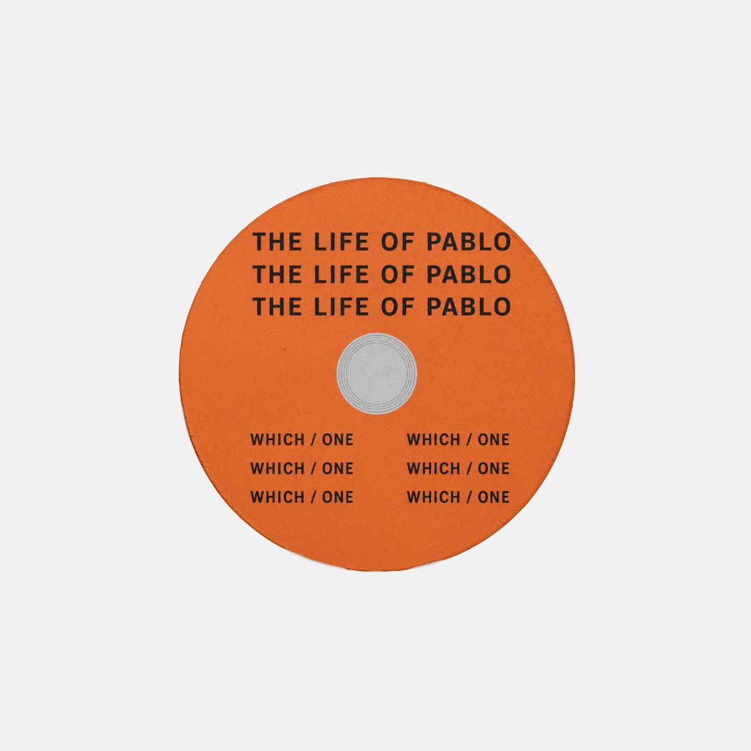 The Life of Pablo coaster with orange typography and a solid printed CD center.