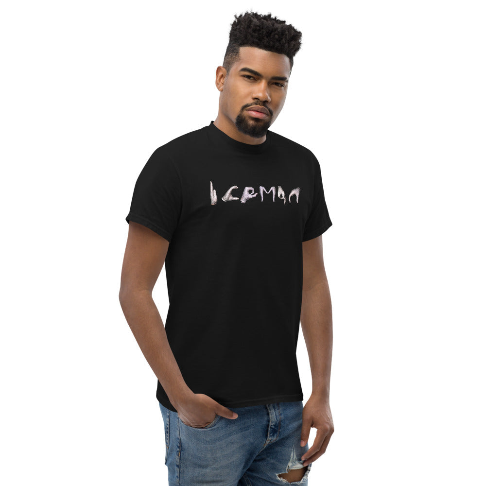 Iceman crystal hands graphic tee on male model, right front view