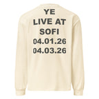 Ye Live at SoFi long sleeve in Ecru, back view with oversized charcoal tour text