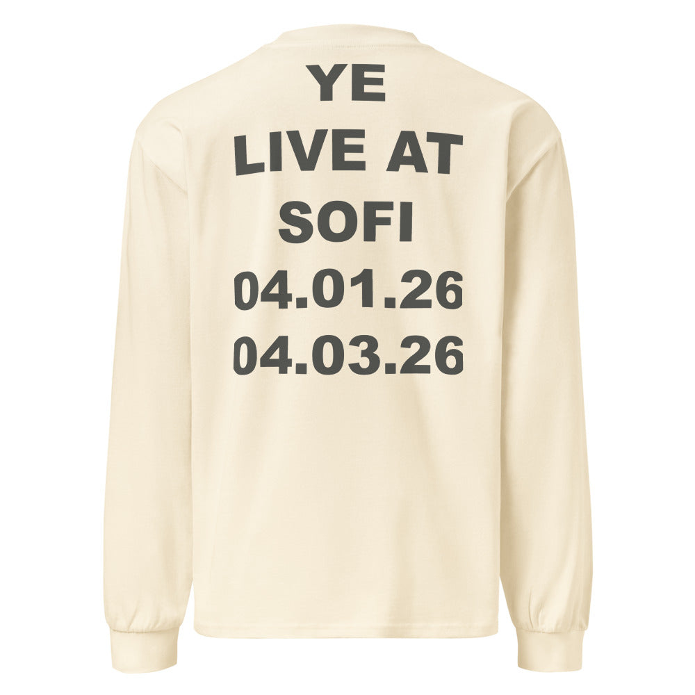 Ye Live at SoFi long sleeve in Ecru, back view with oversized charcoal tour text