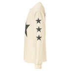 Ye Live at SoFi long sleeve in Ecru, left sleeve with three oversized charcoal stars
