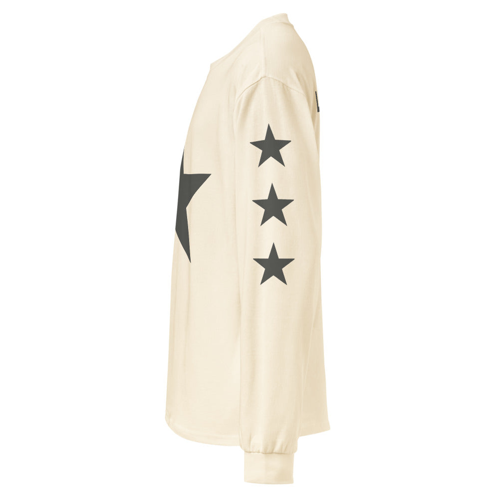 Ye Live at SoFi long sleeve in Ecru, left sleeve with three oversized charcoal stars