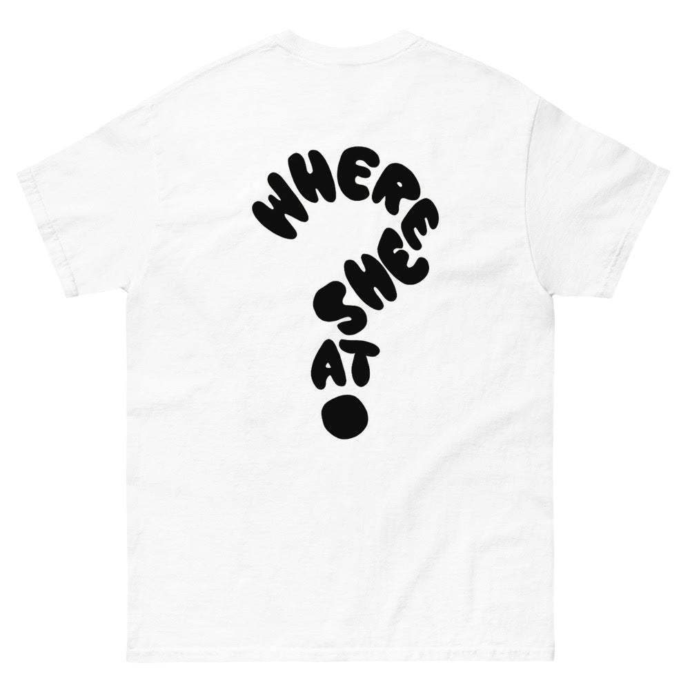 Where She At Drake T-shirt in White, question mark back view
