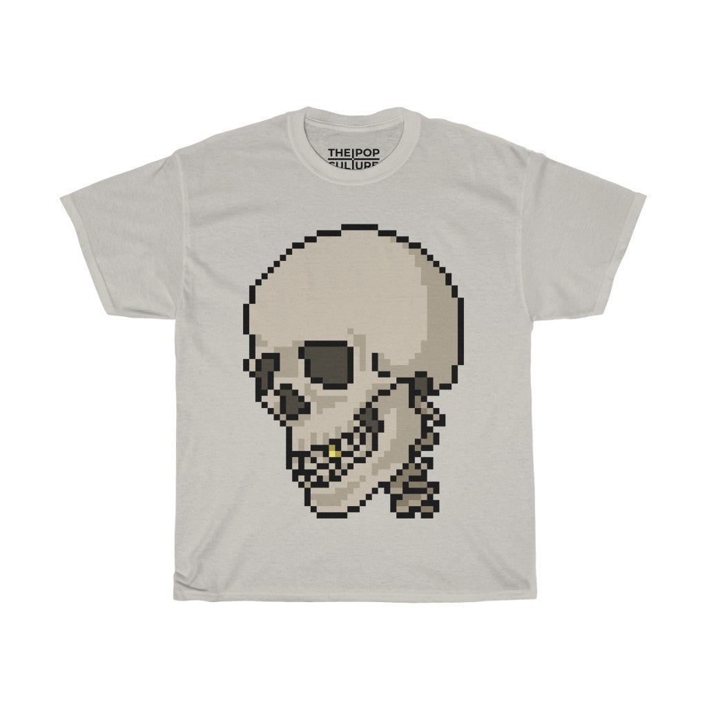 Pixel Skull Unisex Heavy Cotton T-Shirt - Pixel Art Video Game Rock Tee-S-Ice Grey-Bootlg