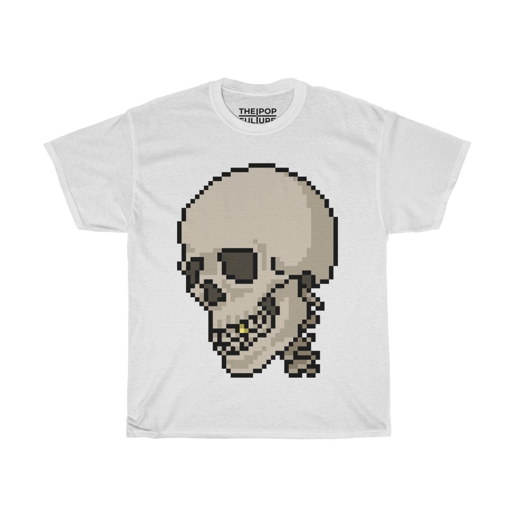 Pixel Skull Unisex Heavy Cotton T-Shirt - Pixel Art Video Game Rock Tee-L-White-Bootlg
