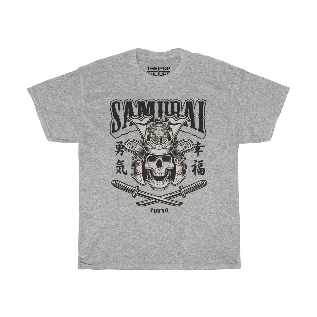 Samurai Skull Unisex Heavy Cotton T-Shirt - Fighter Mixed Martial Art Tee-S-Ash-Bootlg
