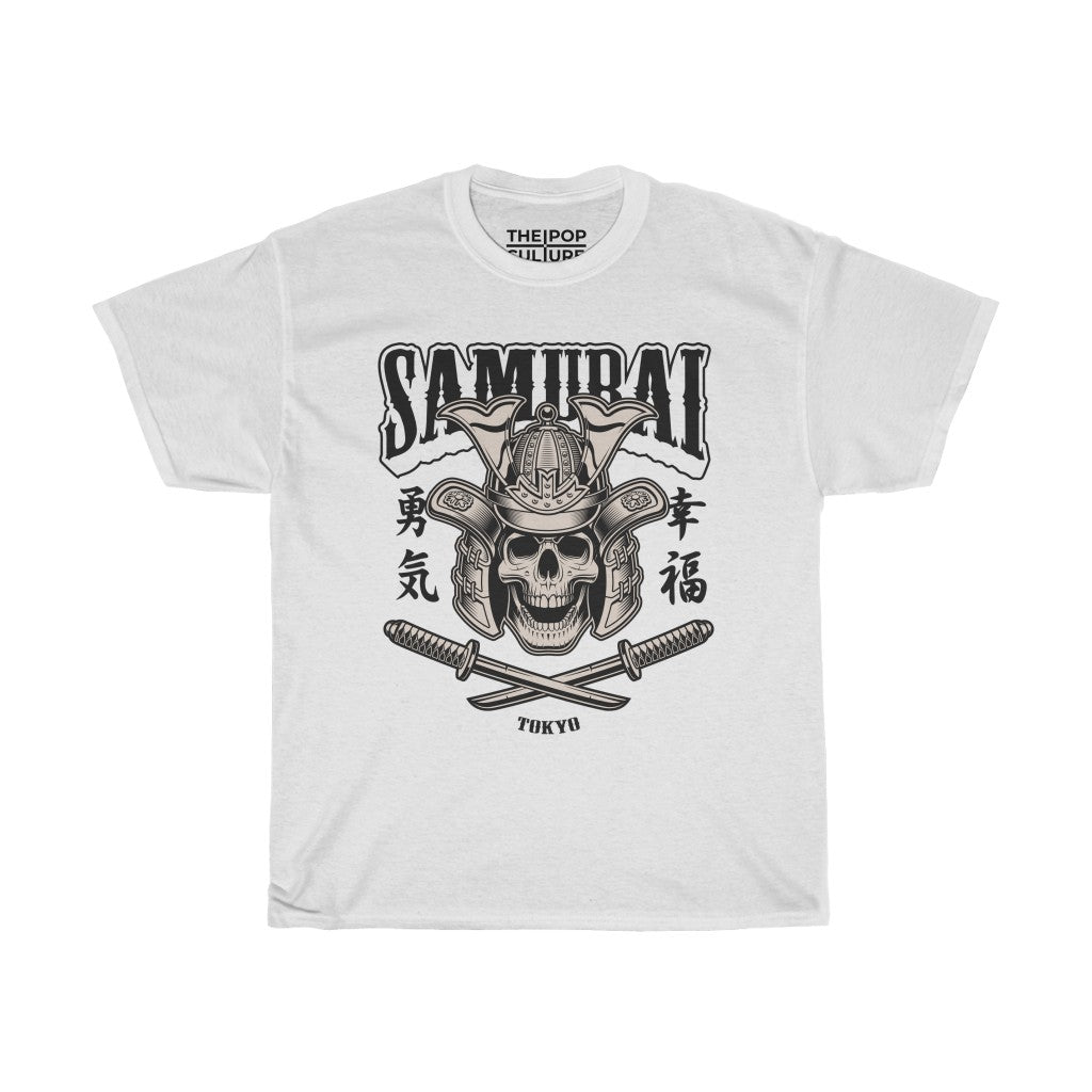 Samurai Skull Unisex Heavy Cotton T-Shirt - Fighter Mixed Martial Art Tee-L-White-Bootlg